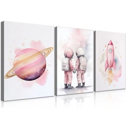 ZYNOOVVX 3Pcs Pink Space Watercolor Wall Art Cute Rocket Astronaut Kids & Saturn Planet Prints for Girls Bedroom, Nursery Decor Playroom Wall Decor 16x24in