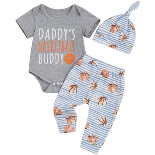 Newborn Baby Boy Clothes Short Sleeve Letter Print Romper Basketball/Soccer Print Pants Hat Infant Summer Outfit