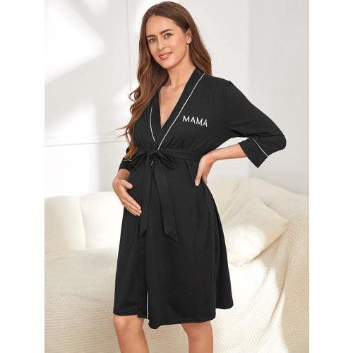 Moonlight&Mama Maternity Contrast Binding Letter Embroidery Self Belted Robe, Fall, Winter | SHEIN USA