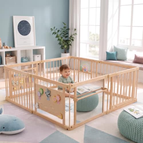 Avenlur Wooden Baby Playpen with Mirror & Whiteboard Panel – Foldable 63" x 63" Montessori Sensory Play Yard for Babies & Toddlers, Natural Wood