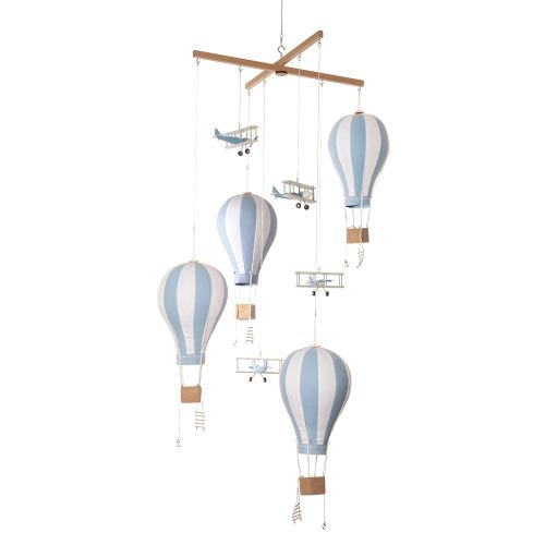 Hot Air Balloon Airplane Baby Blue, Sky Blue celling Mobile, Large Textile Air Balloons, Wooden Airplane, Travel theme Nursery, Children, Hanging nursery decor, gift