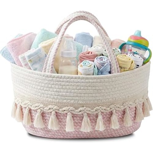 Diaper Caddy Organizer, Stylish Nursery Storage Basket, Baby Shower Basket with Tassel Decorative Appearance, Portable Storage Basket Suitable for Family and Car Travel (pinkish white)