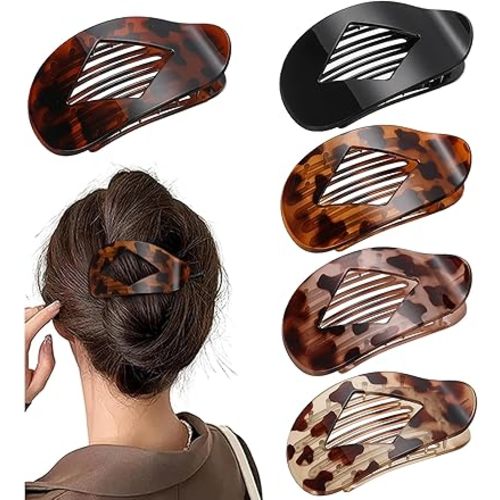 5 PCS Flat Hair Clips, No Crease Flat Claw Clips for Women, Large Strong Hold Barrettes for Thick Thin Hair, French Duckbill Styling Accessories(Tortoise)