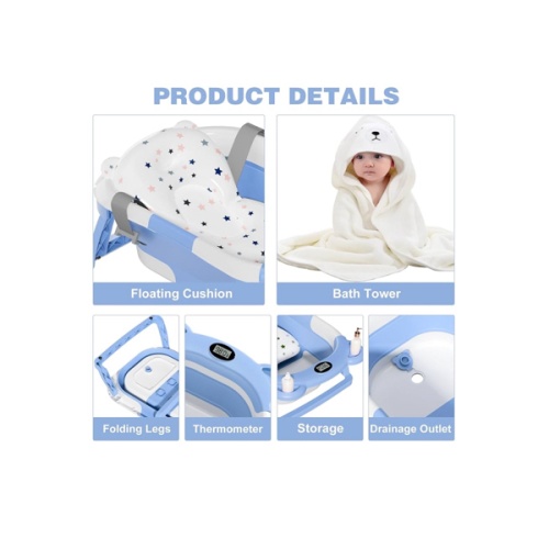 MoreFeel Collapsible Baby Bathtub for Newborn with Thermometer & 1 Hooded Towel & 1 Soft Floating Cushion,Portable Travel Bathtub with Drain Hole, Durable Foldable Baby Tubs for Infants to Toddler