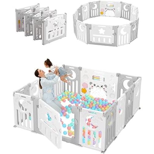 Dripex Baby Playpen, Foldable Playpen for Babies and Toddlers, Adjustable Shape Baby Fence, Safety Play Yard with Gate, Portable Play Area for Indoor or Outdoor (Grey+White,14 Panel)