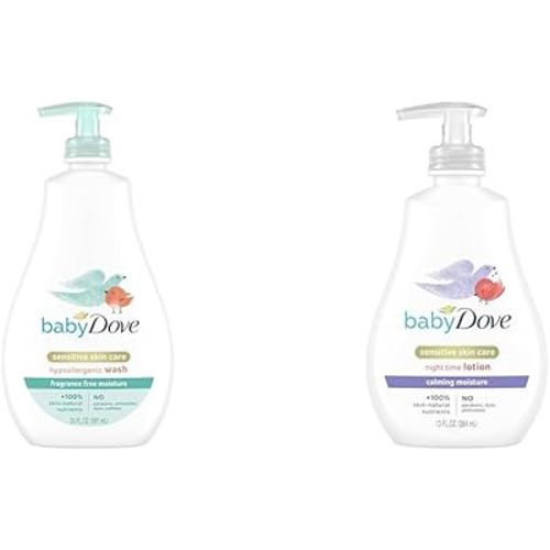 Baby Dove Sensitive Skin Care Baby Wash 20 oz & Baby Lotion 13 oz Bundle for Bath Time & Bedtime