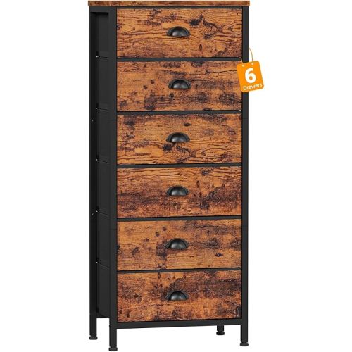 Furnulem Tall Dresser with 6 Drawers,Vertical End Table and Nightstand for Bedroom,Industrial Dorm Bedside Furniture with Fabric Storage Drawer Organizer in Living Room,Closet,Entryway(Rustic Brown)