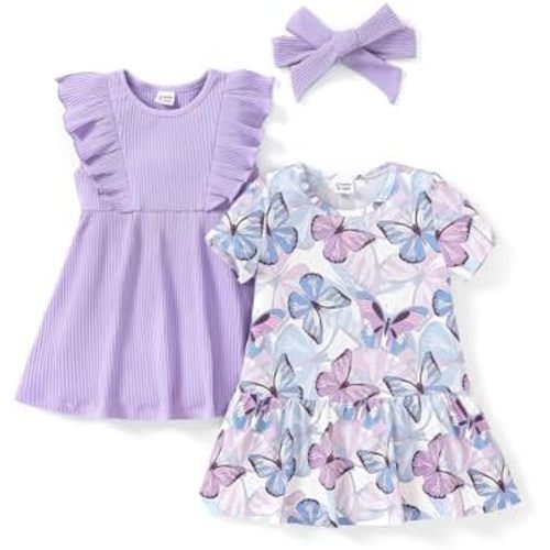 PATPAT Baby Toddler Girl Dresses Infant Ruffle & Short Sleeveless 2 Pack Summer Dress Casual Party Dress