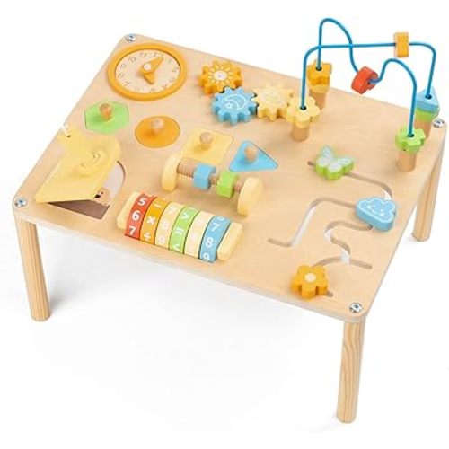 Activity Table for 1 Year Old, 8 in 1 Macaron-Colored Montessori Toys, Baby Activity Table with Bead Maze & Shape Sorter, Educational Sensory Table for Girls Boys 12+ Months