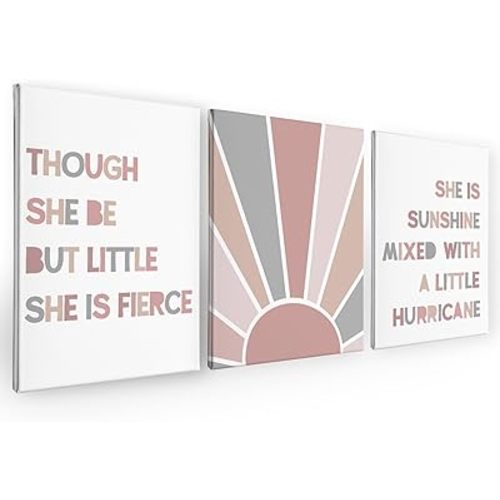 PHAMTE Nursery Boho Girls Bedroom Wall Art Decor Set of 3, She is Sunshine Mixed with a Little Hurricane Sunshine Sun Print Framed Canvas Painting Artwork for Room Bedroom Home Playroom(11x14 Inch)