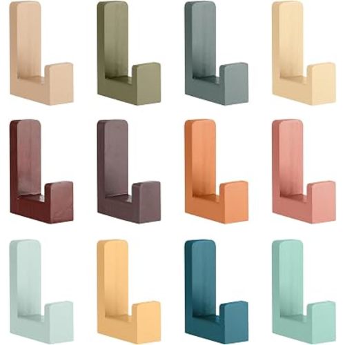 Teenyyou 12 Pack Cute Kids Coat Wall Hooks Wooden Adhesive Decorative Colorful Wall Mounted Hangers Backpack Hooks for Hanging Keys Towel Clothes Bathroom Organization