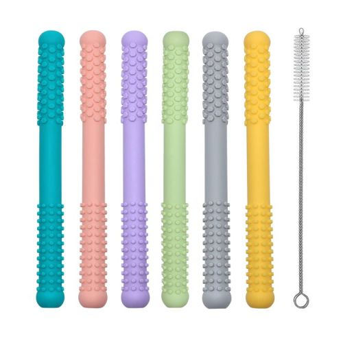 Silicone Baby Teething Tubes 5 Pack for Infants, Hollow Chew Straw Teethers for Babies 6–12 Months,