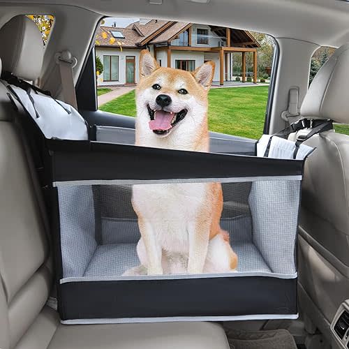 Dog Car Seat Large Medium Size Dog, Back Seat Extender for Dogs with Hard Bottom, Waterproof Fabric, Breathable Mesh Sides, Adjustable Seat Belt Leash, Carseat for Dogs with Non-Slip Bottom Grey