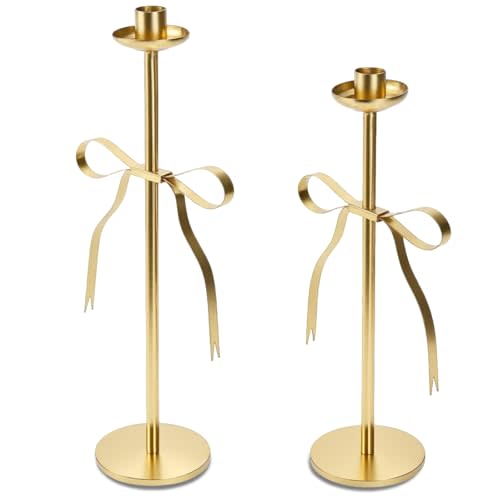 Gold Candle Holders Set of 2, Modern Metal Bow Candle Holder for Dining Table Centerpiece, Housewarming Gift, Wedding Decor (Gold)