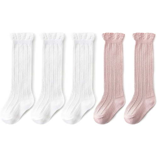 Zando Baby Girls Knee High Socks Tube Cute Stockings Long Unisex Infants Toddler Sock Tights Baby Pink & White S