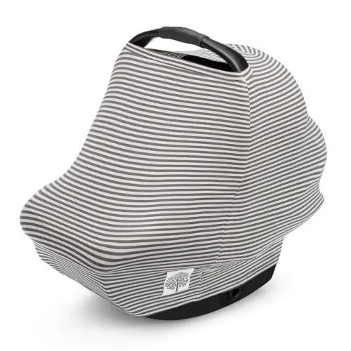 Parker Baby 4 in 1 Car Seat Cover for Girls and Boys - Stretchy Carseat Canopy, Nursing Cover, Grocery Cart Cover, High Chair Cover - “Pewter/Snow Stripes”