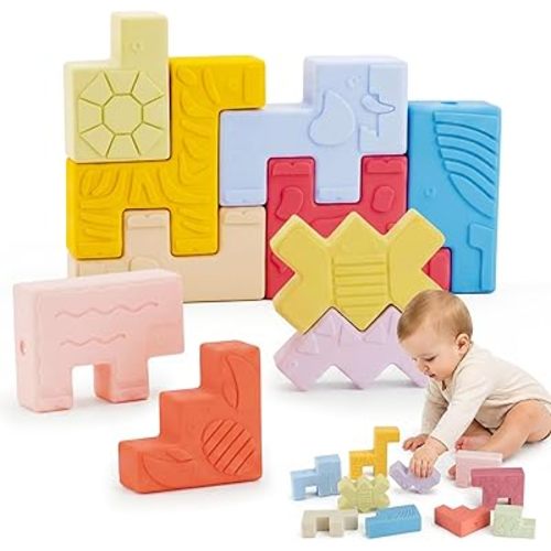 Baby Blocks – Montessori Baby Toys for 6-12 Months 10 Soft & Soft Teething Toy, Shapes, Colors, Animals - One Two Squeeze, Easter Basket Stuffers Toys for 1 2 Year Old Birthday Gifts
