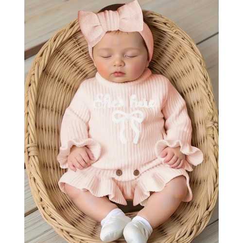 Newborn Knit Romper Set | Pink Ruffles, Bow Headband, 'She Is Here'