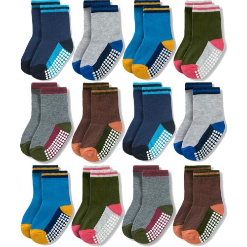 Baby Toddlers Crew Socks with Non-Slip Grip 12 Pack Cotton Stretch Socks | Soft Breathable Cotton, Non-Slip Sole Grips, for Hardwood/Tile Crawling, Walking, Daycare
