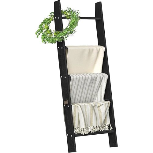 HONEST OUTFITTERS Blanket Ladders for The Living Room, 5-Tier Blanket Holder, Wall-Leaning Blanket Rack, Ladder Shelves, Wooden Quilt Ladder, Farmhouse Decor, Black