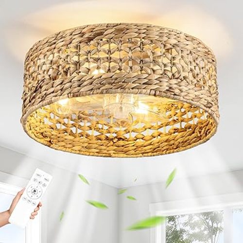 Handwoven Boho Ceiling Fan with Light,Rattan Caged Ceiling Fans with Lights and Remote Control Flush Mount Low Profile Enclosed 6 Speeds Fandelier for Bedroom,Living Room,Dining Room,4-Light
