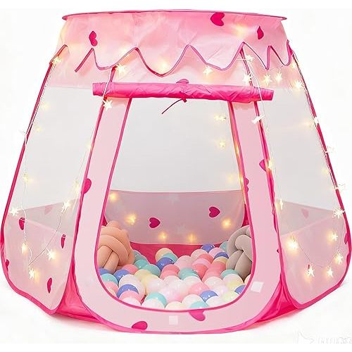 Crayline Pop Up Princess Tent with Star Light, Toys for Year Old Girl Birthday Gift, Girl Toys, Ball Pit for Girl Gift, Easy to Pop Up and Assemble(Pink)