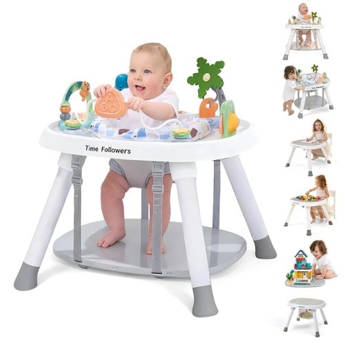 Time Followers® 6-in-1 Baby Activity Center | 4 Stage Montessori-Inspired Design | Grow Stationary Standing Toddler Table | Jumpers & Bouncers | Must Have for Boy & Girl 6, 12, 24+ Month Old (White)