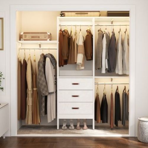 Besiost 5FT Closet Organizer with Fabric Drawers, Small Closet System with 4 Hanging Rods - White