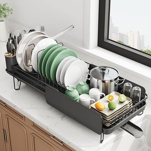 SNTD Large Dish Drying Rack - Expandable (19.3" to 29.4") Dish Rack for Kitchen Counter, Stainless Steel Dish Drainer with Utensil Holder, Pan Holder & Pot Lid Holder, Black