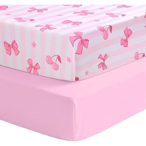 Cloele Crib Sheets 2 Pack for Boys Girls,Fitted Baby Crib Sheets for Standard Crib & Toddler Mattress 52"x28",Soft Breathable Nursery Bed Sheets(Pink Bow&Pink)