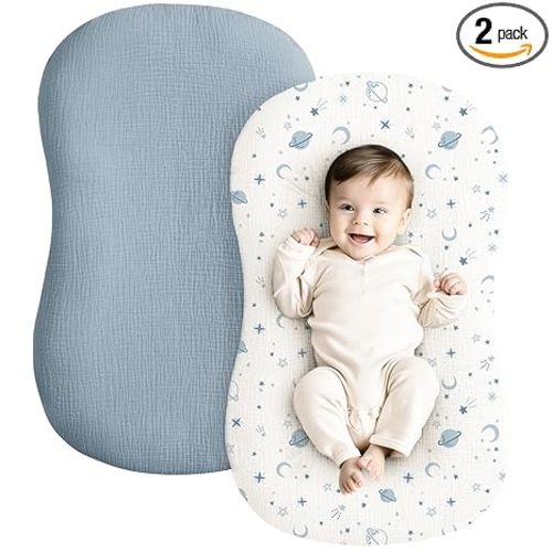 Konssy Muslin Baby Lounger Cover 2 Pack, 100% Cotton Newborn Lounger Cover, Soft and Breathable Baby Nest Slipcover for Boys Girls (Star,Blue)