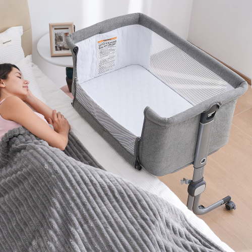 Vipuse Baby Bedside Bassinet, 6 Height Adjustable Crib with Mosquito Net&Storage&Lockable Wheels for Infants, Light Grey