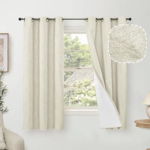 Linen Blackout Curtains for Bedroom Narrow Window, Thermal Insulated Complete Light Blocking Privacy Soundproof Small Curtains for Basement, Each 38 Inch Wide 63 Inch Length 2 Panels, Natural