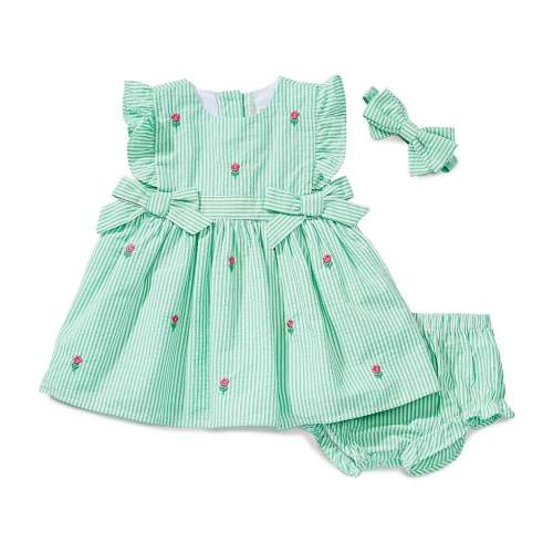 Adventurewear 360 Baby Girls Flutter Sleeve Seersucker Embroidered Flower Bows Dress