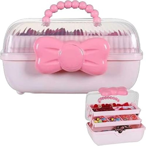 Cute Girls Hair Accessories Storage Box, Plastic Hair Ties Holder Hair Clips Container Headbands Organizer Gift for Baby Girls Multipurpose Organizer (Pink)