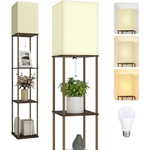 Floor Lamp with Shelves-LED Modern Shelf Floor Lamp with 3 Color Temperature E26 Bulb,Storage Display Column Standing Tall Lamp for Living Room, Bedroom, Office (Rustic Brown)