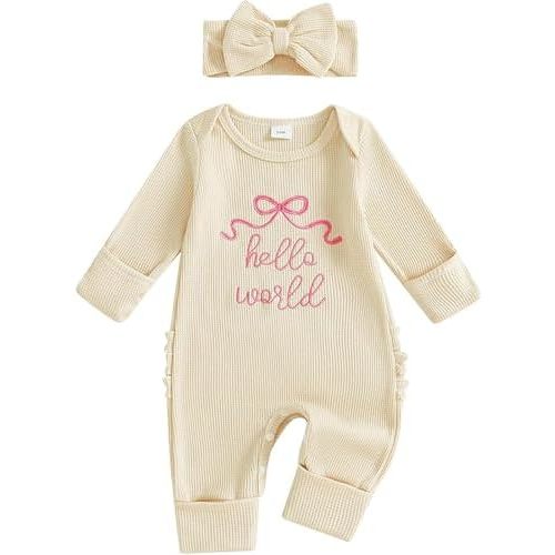 Newborn Baby Girl Clothes Long Sleeve Crew Neck Letter Embroidery One Piece Romper Jumpsuit Infant Fall Winter Outfit