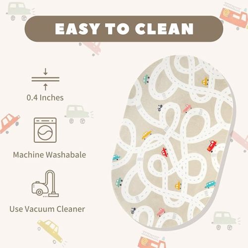 STARUIA Large Kids Rug for Playroom, 4'x6' Washable Road Rug for Nursery, Non-Slip Car Rugs for Boys Room, Tan Traffic Classroom Rugs Soft Baby Play Mat for Dorm Toy Room Tent