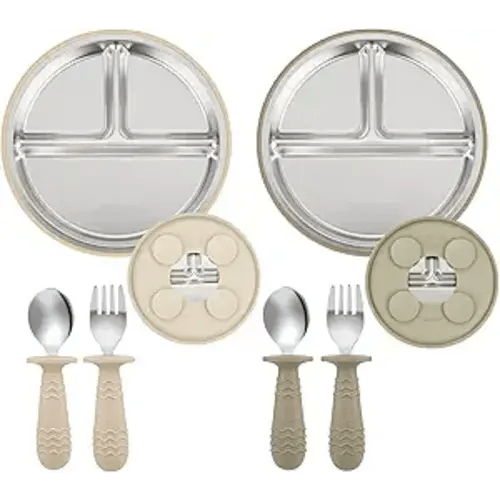 PandaEar 2 Pack Stainless Steel Baby Suction Plates & 2 Pack Spoons and Forks Set, Toddler Utensils Baby Feeding Set, Divided Plates for Baby Led Weaning Supplies, BPA-Free (Tan/Walnut)