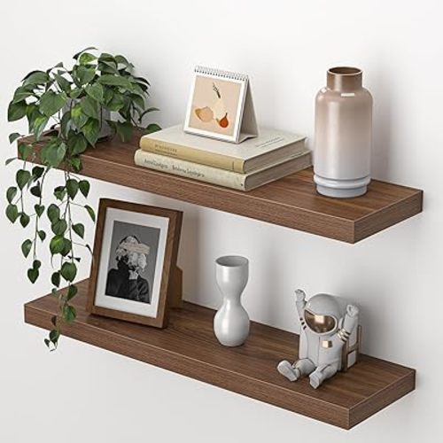 Heimlove 24 Inch Floating Shelves for Wall,Mounted Storage Wood Shelves with Invisible Brackets Hanging Shelf for Bedroom,Living Room,Kitchen,Office,Set of 2,Walnut Color