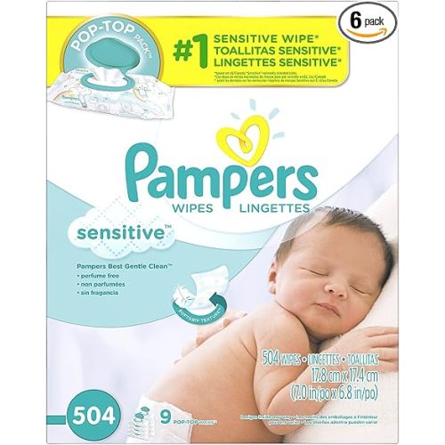 Pampers Sensitive Baby Wipes, Clinically Proven, Fragrance Free, Unscented, Water Based, Hypoallergenic, Multi-Use, Hand Wipes 504 Wipes Total (6X Flip-Top Packs) [Packaging May Vary]