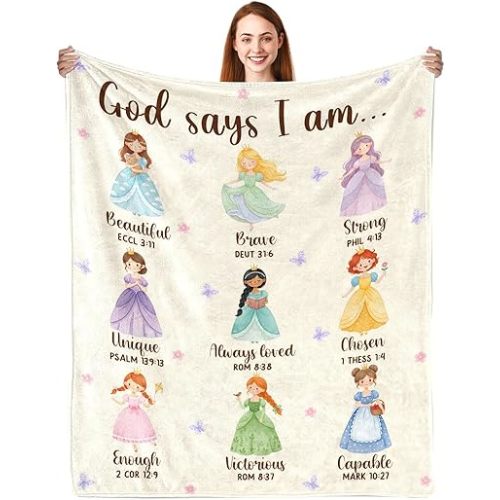 CIUGOIG Christian Gifts for Girl, God Says I Am Princess Blanket 50"x60", Inspirational Religious Birthday Gifts for Girls Princess Lover Bible Verse Blanket, Christian Princess Gifts