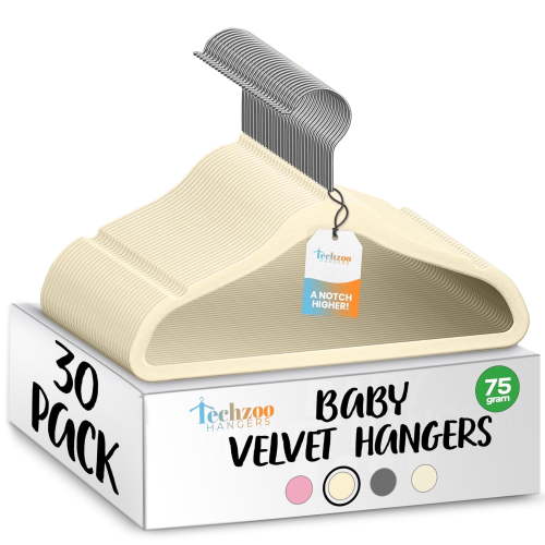 Techzoo Premium Baby Velvet Hangers 30 Pack – 11.8" Non Slip Felt Cloth Hangers for Closet – Ultra Slim, Space Saving Baby Clothes Hangers with 360° Swivel Hook Infant Hangers – Beige