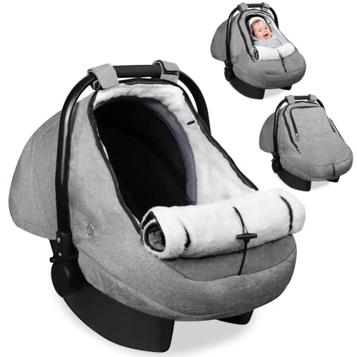 Winter Car Seat Cover for Baby, Infant Carseat Cover with Plush Lining | Waterproof & Windproof Design, Dual Zippers, Breathable Ventilation, Universal Fit, Cozy Protection for Baby Travel(Gray)