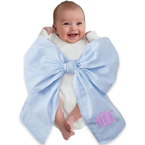 Personalized Newborn Swaddle Sash Custom Embroidered Maternity Bow Embroidery Monogram Newborn Seersucker Swaddle for Baby Photography Prop (Style 2)