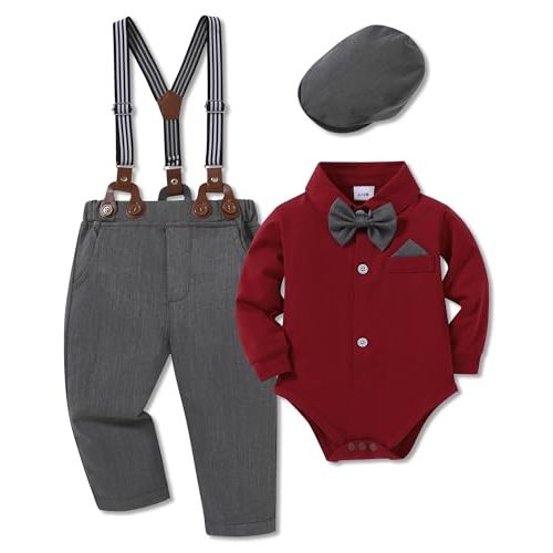 WESIDOM Baby Boy Clothes 0-18M Newborn Infant Gentleman Outfit, Shirt+Bowtie+Beret+Suspender Pant Baby boy Suit Clothing Set