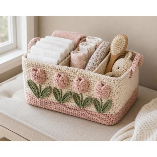 Tulip Diaper Caddy Crochet Pattern, Floral Nursery Organizer PDF, Baby Storage Basket Tutorial