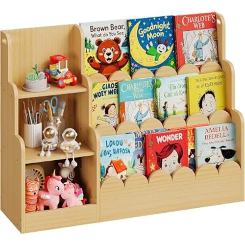 3-Tier Scalloped Kids Bookshelf Montessori Wooden Bookcase with Toy Storage Front Facing Toddler Book Display Organizer for Nursery Playroom and Classroom (Natural Wood)