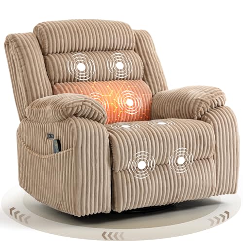Power Swivel Rocker Recliner Chair for Adults with Vibration and Heat, USB and Type-C Charging Port, Infinite Position, Electric Glider Rocking Chairs for Living Room, Nursery, Light Camel