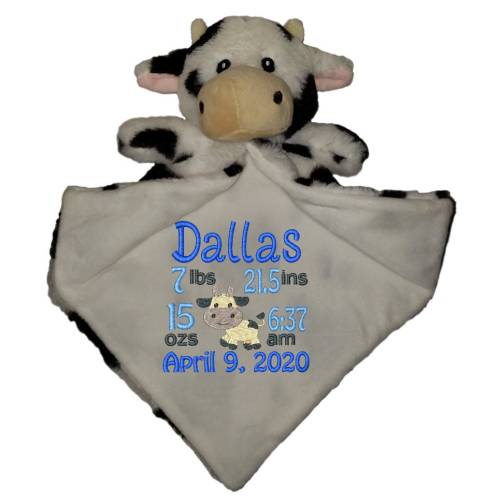 Personalized Cow Security Blanket, embroidered lovie, birth announcement animal
